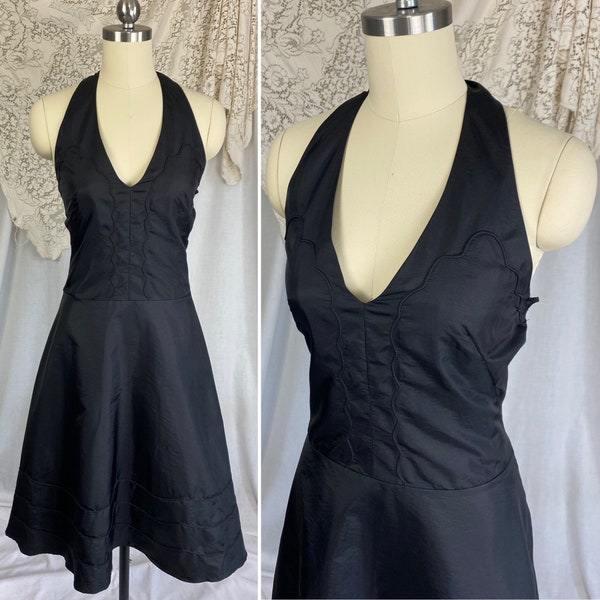 Vintage 1950's Halter Slip Dress | Black Taffeta with Piping Detail | Size XS