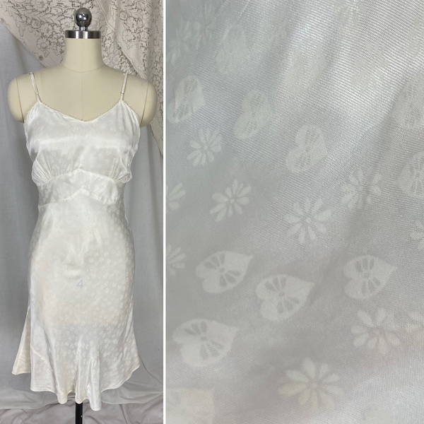 Vintage 1940's Slip | Pearly White Rayon Satin with Hearts & Flowers Damask Pattern | Multiple Sizes - XS, S/M, LG/XL | Never Worn