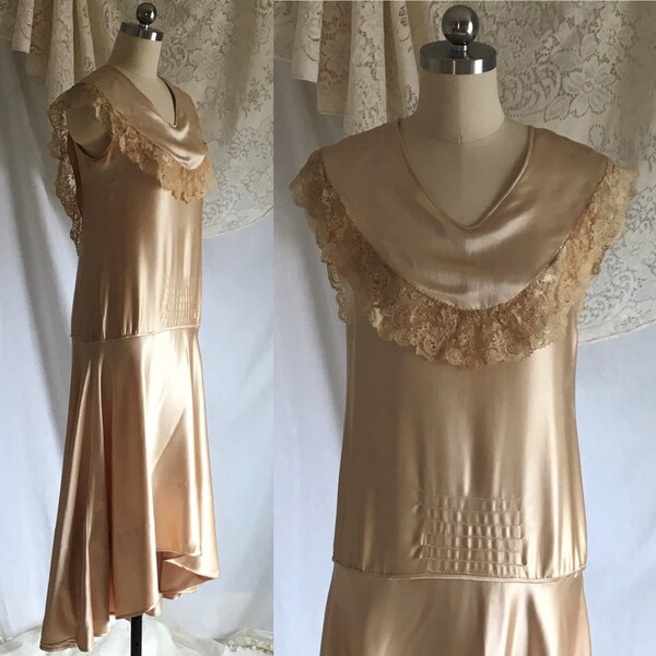 RESERVED...Vintage 1920's Dress | Gold Liquid Silk Charmeuse & Alençon Lace | Drop Waist Flapper Formal Gown | Couture by Madame Clarisse |
