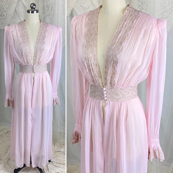 Vintage 1940's Sheer Pink Rayon Chiffon Dressing Gown Robe with Ruffled Bell Cuff Sleeves – Size XS, S