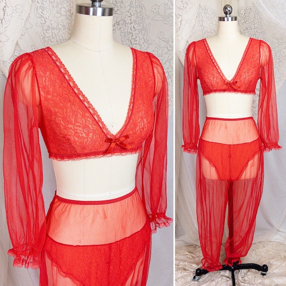 Vintage 1960s Genie Lingerie Set - Sheer Candy Red Nylon with Lace Bodice & Harem Pants by Honeydreamers