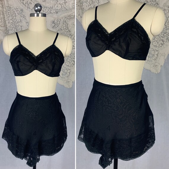Vintage 1940's Bralette & Tap Pant Set | Sheer Bla