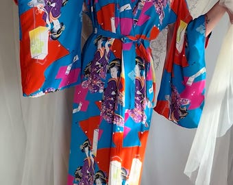 Vintage 1940's Japanese Kimono - Bold Cerulean Blue Silk with Woodblock Print & Fringe Sash | One Size