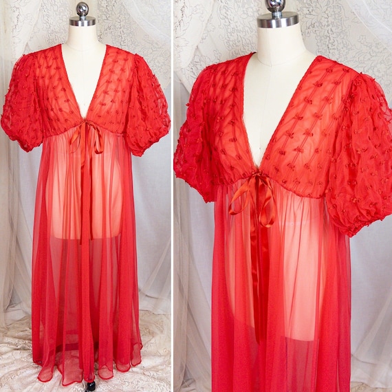 Vintage 1960s Peignoir Robe - Sheer Rose Red Nylon Chiffon with Puffed Sleeves & Ribbon Bow Detail