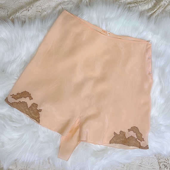 Vintage 1930's Tap Pants - Hand Stitched Peach Semi-Sheer Silk with Deep Mocha Lace Appliqués by Yolande | S, M