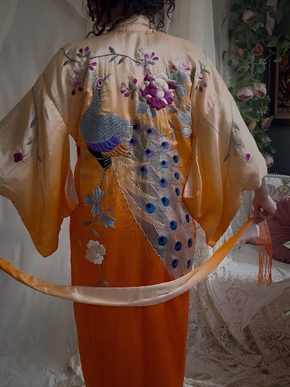 Antique 1920's Japanese Kimono - Bold Orange Ombre Silk with Couched Peacock Hand Embroidery & Fringe Sash | One Size
