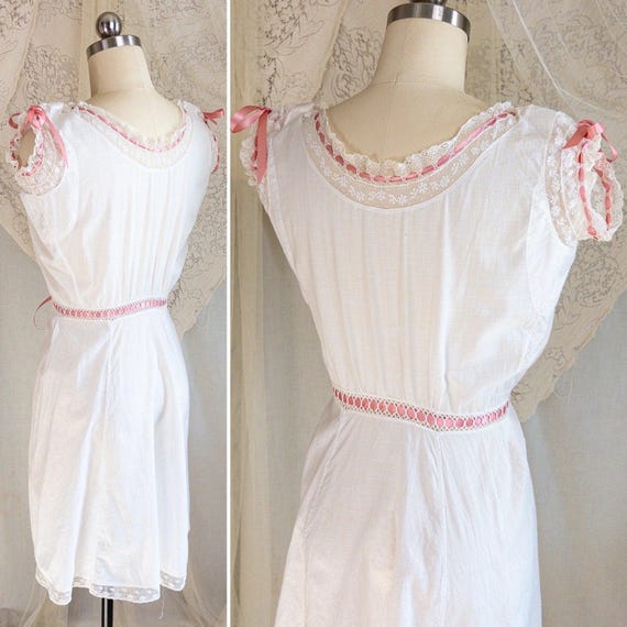 1900's Victorian Era Camiknickers - Soft White Cotton Lawn with Bobbin Lace & Pink Ribbon Drawstrings
