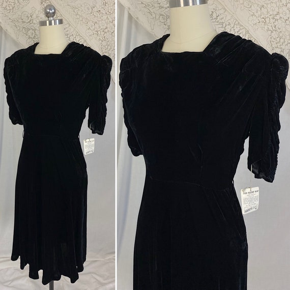 Vintage 1940's Dress | Deep Black Rayon Velvet wi… - image 3
