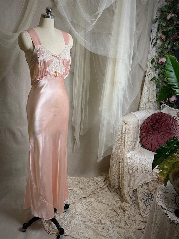 Vintage 1940's Nightgown - Rose Pink Rayon Satin with Nude Cotton Lace Appliqués & Geo Stitch back | XS