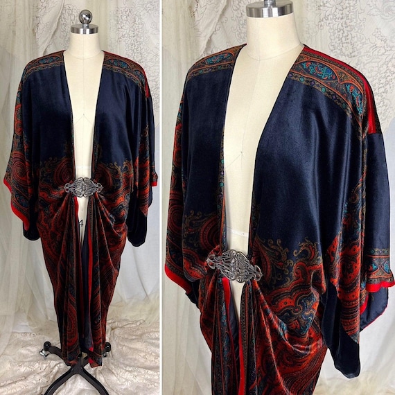 Vintage 1960's does 1920's Robe - Art Nouveau Revival Indigo Velour with Persian Boteh Pattern Metal Clasp | M, LG