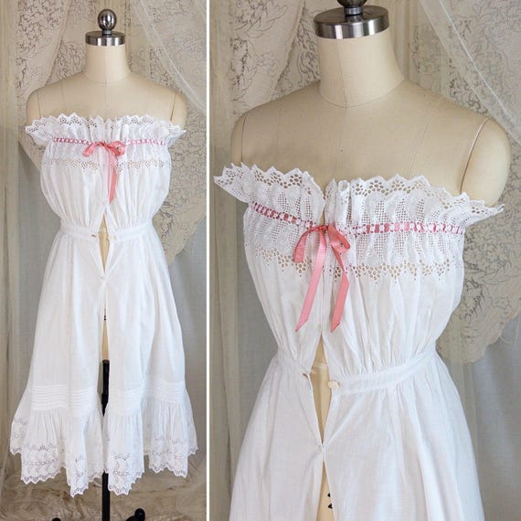 1900's Victorian Era Camiknickers - White Cotton with Elaborate Scalloped Eyelet Lace with Pink Ribbon Drawstring