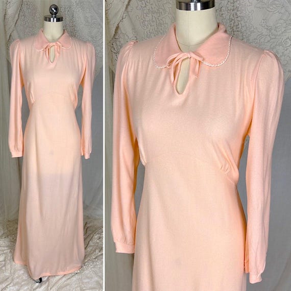 Vintage 1940's Long Sleeve Nightgown - Palest Peach Brushed Rayon with Keyhole Neck by Gordon Forest Mills