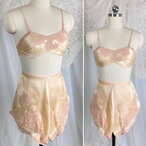 Vintage 1930's Golden Champagne Silk Bralette & Tap Pants Lingerie Set - By Neiman Marcus, Size XS, S