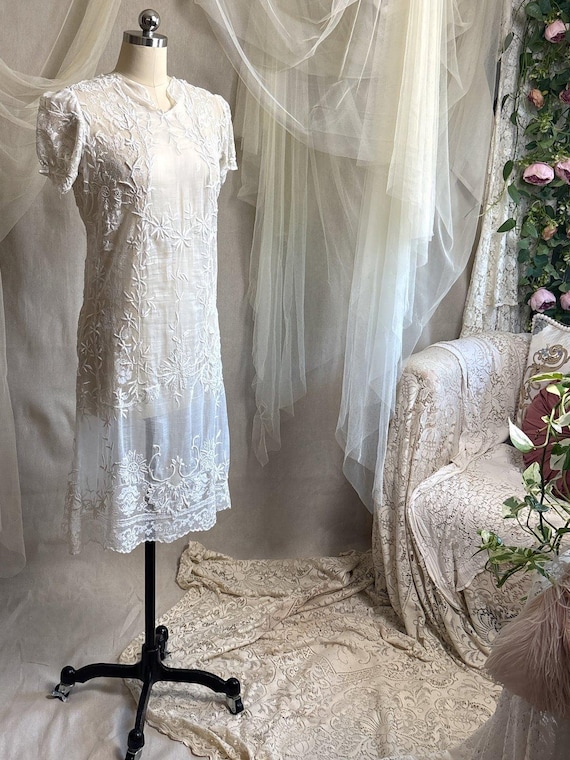 Antique 1920's Dress - Semi-Sheer White Cotton Lawn with Elaborate Mixed Lace & Couched Embroidery | XS, S