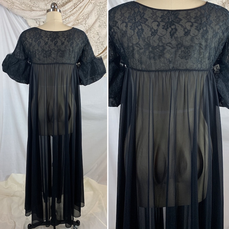 Vintage 1960/'s Peignoir Robe Size M Sheer Black Nylon with Floral Lace Puffed Sleeves /& Masquerade Mask Applique Eye Ful by the Flaums