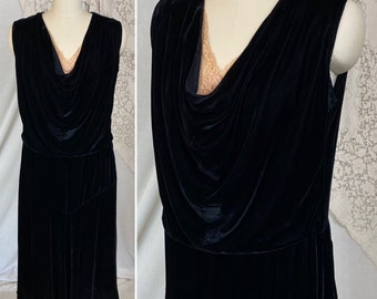 Vintage 1920s - 1930s Midi Dress | Black Silk Velvet with Ivory Lace Insert | Size XS, S