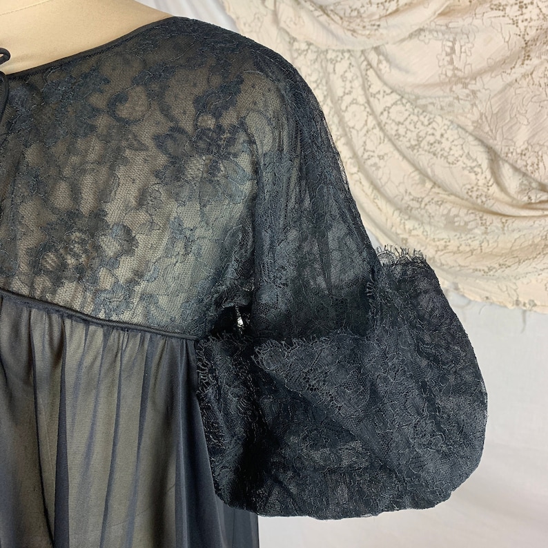 Vintage 1960/'s Peignoir Robe Size M Sheer Black Nylon with Floral Lace Puffed Sleeves /& Masquerade Mask Applique Eye Ful by the Flaums