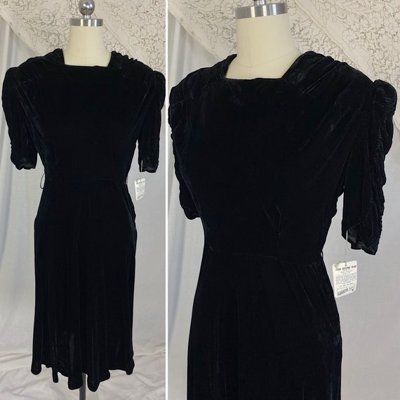 Vintage 1940's Dress | Deep Black Rayon Velvet wi… - image 1