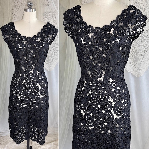 Vintage 1940's - 1950's Basket Dress - Intricate Black Floral Raffia Lace with Boatneck | S, M