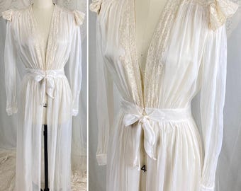 Vintage 1940&#39;s Dressing Gown Robe - Sheer White Rayon Chiffon with Cotton Lace & Tie Waist - Size XS