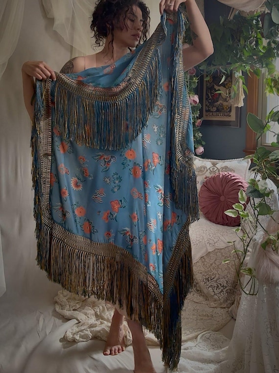 Antique 1920's Piano Shawl - Deep Ash Blue Silk with Bold Coral Floral Motif & Gold Silk Fringe | 62 x 62 inches