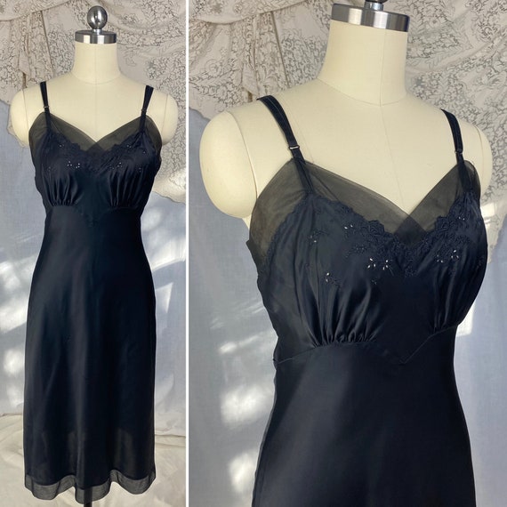 Vintage 1960's Slip | Black Nylon Blend Satin with
