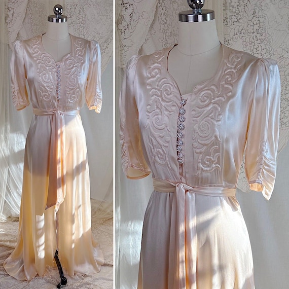 Vintage 1940s Robe - Champagne Crepe-Back Rayon Satin with Trapunto Embroidery & Rhinestone Buttons