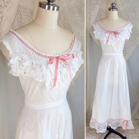 1910's Edwardian Princess Slip - White Cotton with Bobbin Lace Trim & Pink Satin Draswtrings