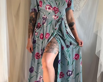 Vintage 1940s Dressing Gown - Sky Blue Rayon with Bold Floral Print by Vali Fashion