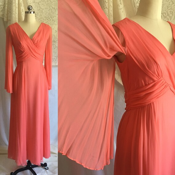 Vintage 1960's Dress | Coral Pink Rayon Chiffon wi