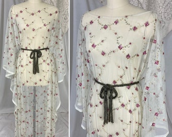 Vintage 1960's - 1970's Bridal Caftan | Very Sheer White Tulle with Burgundy Floral Vine Embroidery & Sash Tie | Size Free