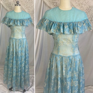 Vintage 1940&#39;s Maxi Dress - Sheer Sky Blue Rayon Organza with Fuzzy Cream Floral Pattern & Ruffled Yoke - Size XS