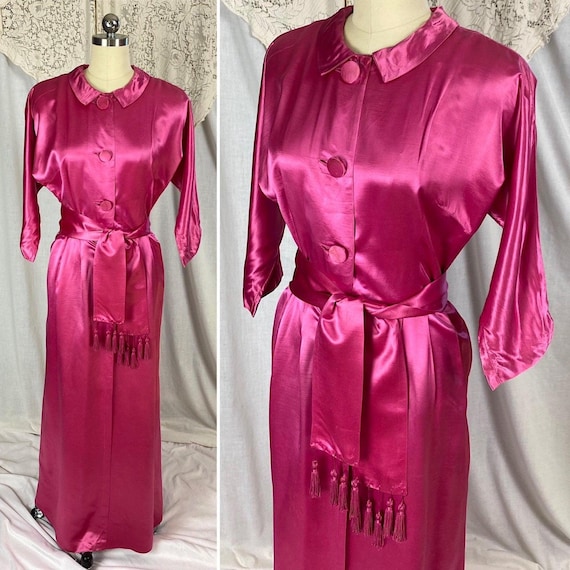 Vintage 1950's Hostess Dress - Hot Pink Rayon Satin with Tasseled Sash Tie - Size XS, S