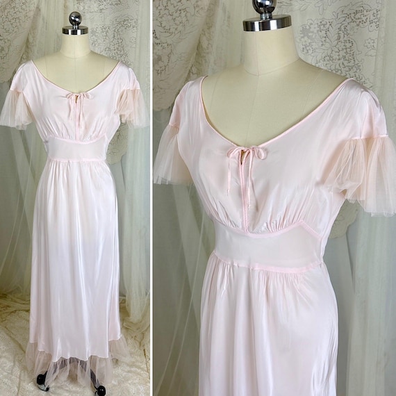Vintage 1940s-1950s Nightgown - Powder Pink Rayon with Ruffled Nylon Tulle by Textron