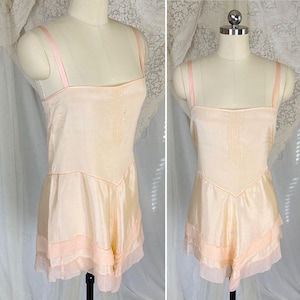 Antique 1920s Step-In Chemise - Palest Peach Silk with Chiffon Ruffles by Nanette Underthings