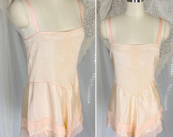 Vintage 1920s Silk Chemise, Edwardian Lingerie, Beige Lace Detail