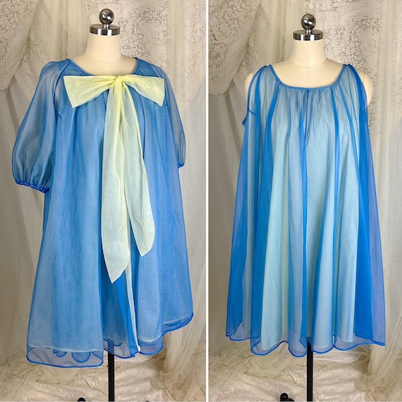 Vintage 1950s-1960s Nightgown & Peignoir Set - Sheer Navy Blue and Cream Nylon Chiffon with Pussy Bow by Pinehurst