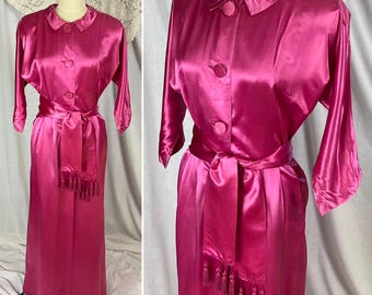 Vintage 1950&#39;s Hostess Dress - Hot Pink Rayon Satin with Tasseled Sash Tie - Size XS, S