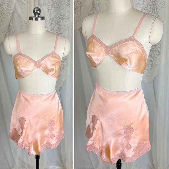 Vintage 1930s Bralette & Tap Pants Set - Warm Peach Silk Satin with Deep Beige Lace