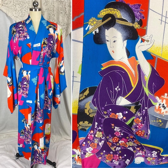 Vintage 1940's Japanese Kimono - Bold Cerulean Blue Silk with Woodblock Print & Fringe Sash | One Size