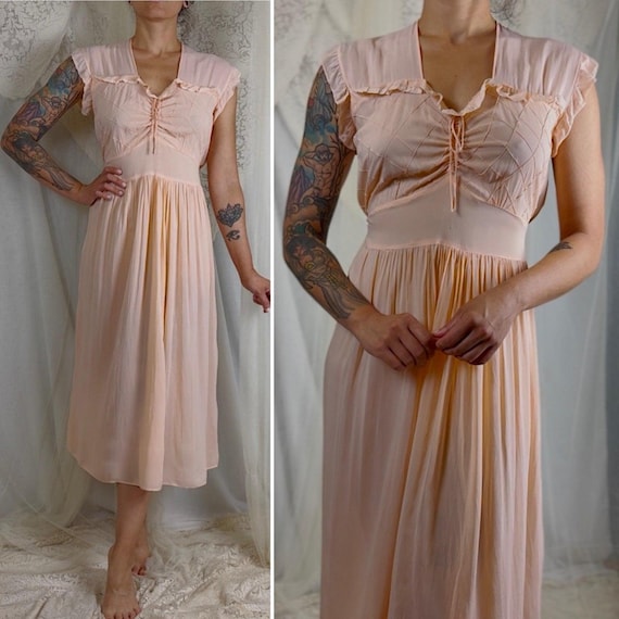 Vintage 1940s Nightgown - Pale Blush Pink Rayon Chiffon with Diamond Pin Tuck Detail, Made in Hungary
