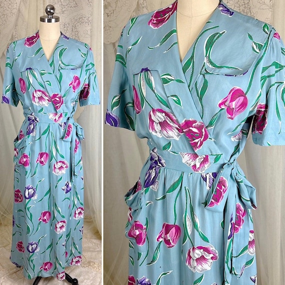 Vintage 1940s Dressing Gown - Sky Blue Rayon with Bold Floral Print by Vali Fashion
