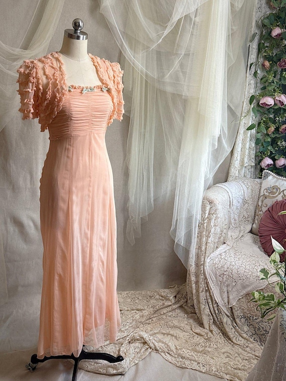 Vintage 1930's Dress & Bolero Set - Coral Pink Silk Crepe Chiffon with Ruched Detail | XS