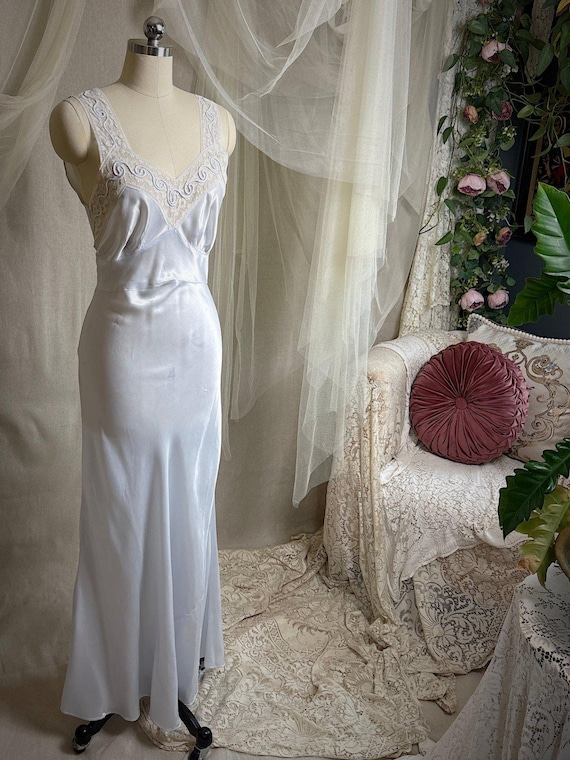 Vintage 1940's Nightgown - Icy Blue Rayon Satin with Soutache Embroidery | XS