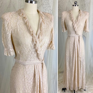Vintage 1940&#39;s Robe - Pale Bronze Floral Rayon Lace with Ruffled Yoke & Sleeves - Size XS, S - By Taylor Mode