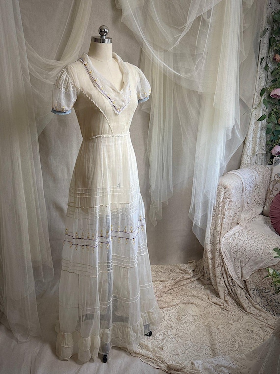 Vintage 1930's Dress - Semi-Sheer Bone White Silk Organza with Open Back | XS