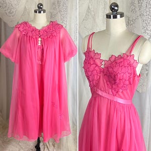 Vintage 1960&#39;s Nightgown & Peignoir Set - Bright Pink Nylon Chiffon with Flower Petal Appliques - Size S, M - By Laros