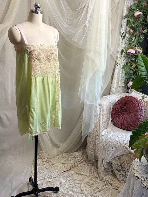 Antique 1920's Chemise - Pistachio Green Silk with Warm Nude Embroidered Lace | M, LG