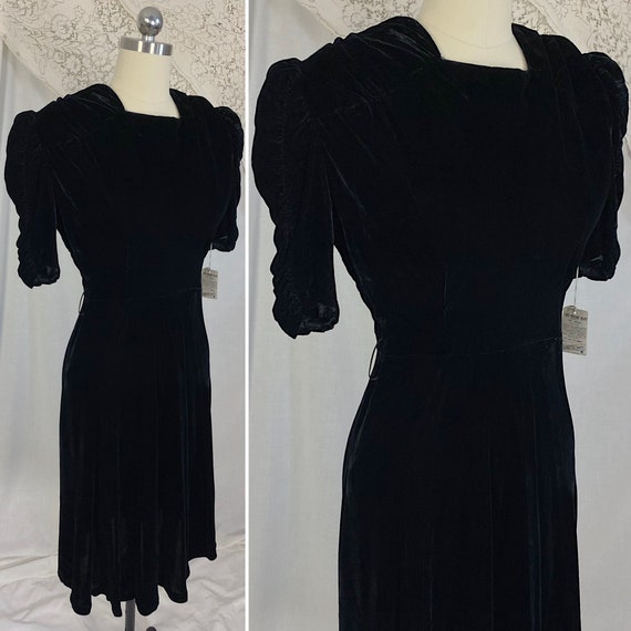 Vintage 1940's Dress | Deep Black Rayon Velvet wi… - image 4