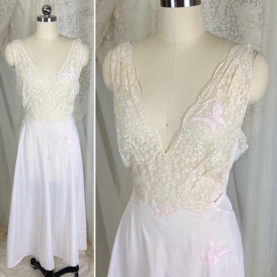 1940s-1950s Nightgown - Palest Pink Nylon with Ivory Floral Lace & Butterfly Appliqués by Hatem